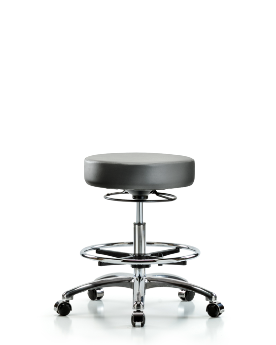 Blue Ridge Ergonomics VMBSO-CR-CF-CC-8840 Rutledge Vinyl Stool without Back Chrome - Medium Bench Height with Chrome Foot Ring & Casters in Sterling Supernova™ Vinyl
