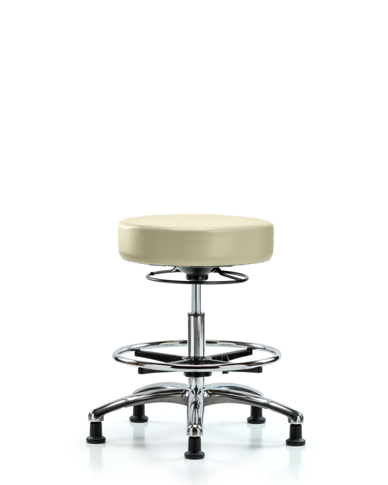 Blue Ridge Ergonomics VMBSO-CR-CF-RG-8501 Rutledge Vinyl Stool without Back Chrome - Medium Bench Height with Chrome Foot Ring & Stationary Glides in Adobe White Trailblazer™ Vinyl