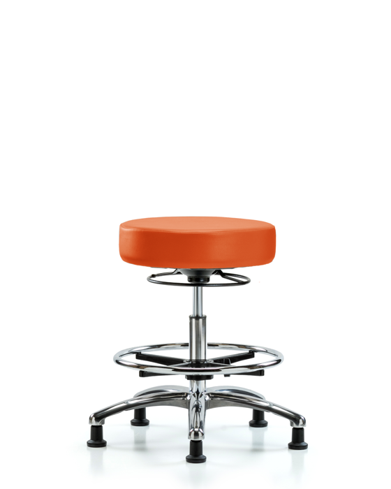 Blue Ridge Ergonomics VMBSO-CR-CF-RG-8613 Rutledge Vinyl Stool without Back Chrome - Medium Bench Height with Chrome Foot Ring & Stationary Glides in Orange Kist Trailblazer™ Vinyl