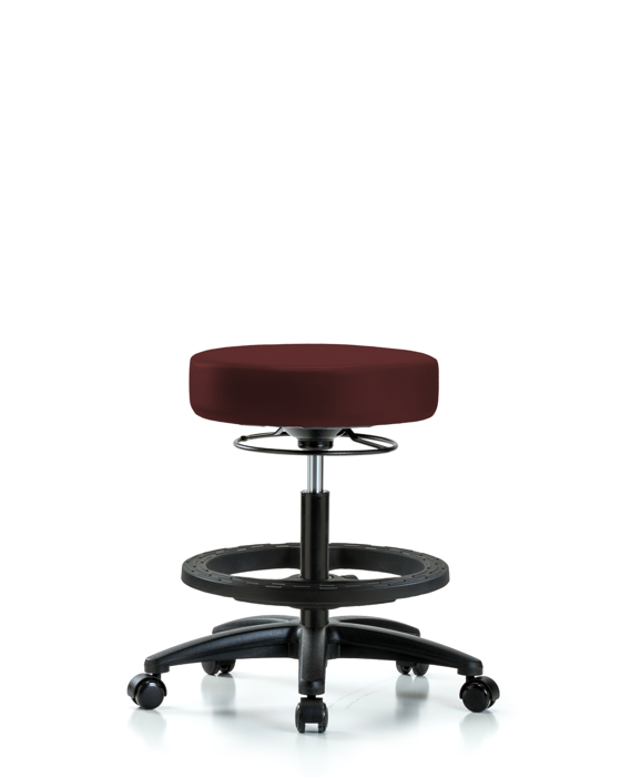 Blue Ridge Ergonomics VMBSO-RG-BF-RC-8569 Rutledge Vinyl Stool without Back - Medium Bench Height with Black Foot Ring & Casters in Burgundy Trailblazer™ Vinyl