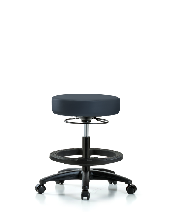 Blue Ridge Ergonomics VMBSO-RG-BF-RC-8582 Rutledge Vinyl Stool without Back - Medium Bench Height with Black Foot Ring & Casters in Imperial Blue Trailblazer™ Vinyl