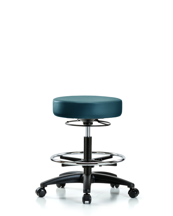 Blue Ridge Ergonomics VMBSO-RG-CF-RC-8801 Rutledge Vinyl Stool without Back - Medium Bench Height with Chrome Foot Ring & Casters in Marine Blue Supernova™ Vinyl