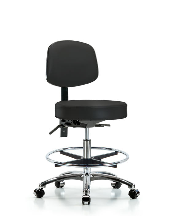 Blue Ridge Ergonomics VMBST-CR-T0-CF-CC-8540 Rutledge Vinyl Stool with Back Chrome - Medium Bench Height with Chrome Foot Ring & Casters in Black Trailblazer™ Vinyl