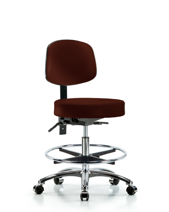 Blue Ridge Ergonomics VMBST-CR-T0-CF-CC-8569 Rutledge Vinyl Stool with Back Chrome - Medium Bench Height with Chrome Foot Ring & Casters in Burgundy Trailblazer™ Vinyl