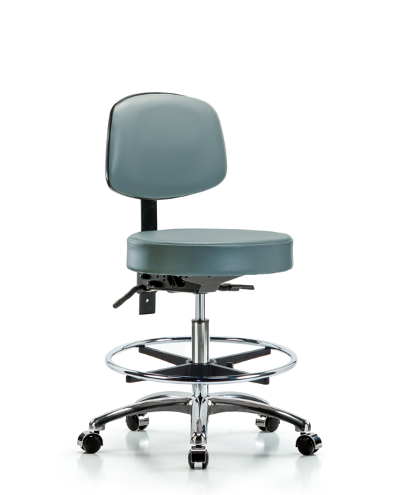 Blue Ridge Ergonomics VMBST-CR-T0-CF-CC-8822 Rutledge Vinyl Stool with Back Chrome - Medium Bench Height with Chrome Foot Ring & Casters in Storm Supernova™ Vinyl