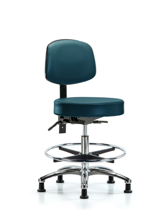 Blue Ridge Ergonomics VMBST-CR-T0-CF-RG-8801 Rutledge Vinyl Stool with Back Chrome - Medium Bench Height with Chrome Foot Ring & Stationary Glides in Marine Blue Supernova™ Vinyl