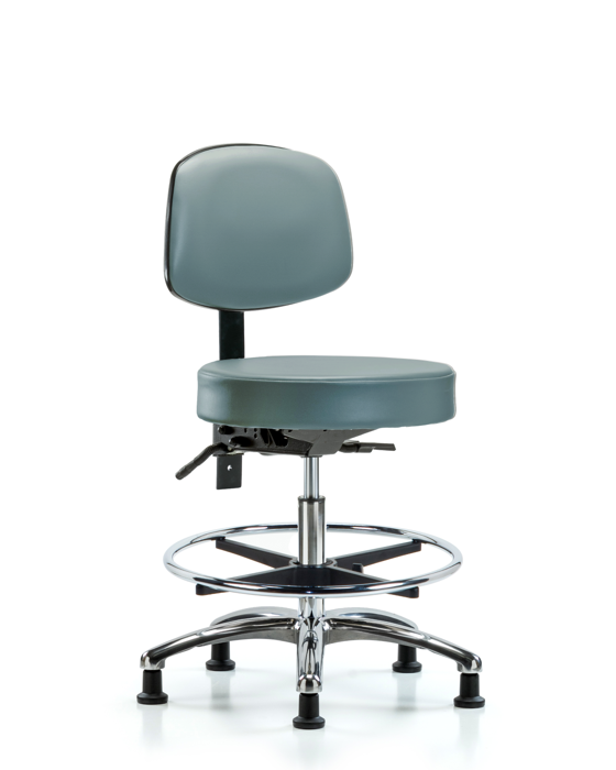Blue Ridge Ergonomics VMBST-CR-T0-CF-RG-8822 Rutledge Vinyl Stool with Back Chrome - Medium Bench Height with Chrome Foot Ring & Stationary Glides in Storm Supernova™ Vinyl