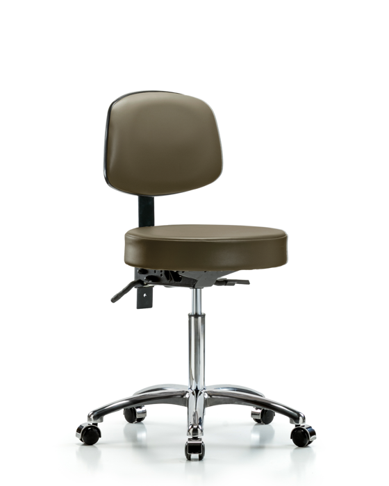 Blue Ridge Ergonomics VMBST-CR-T0-NF-CC-8809 Rutledge Vinyl Stool with Back Chrome - Medium Bench Height with Casters in Taupe Supernova™ Vinyl
