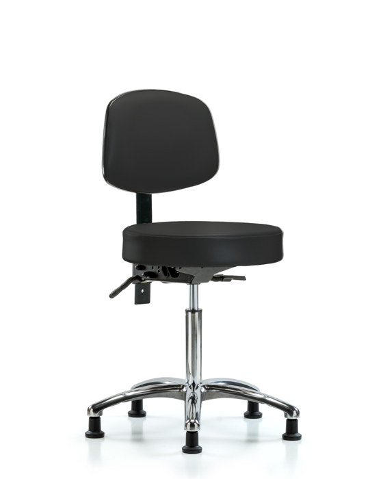 Blue Ridge Ergonomics VMBST-CR-T0-NF-RG-8540 Rutledge Vinyl Stool with Back Chrome - Medium Bench Height with Stationary Glides in Black Trailblazer™ Vinyl