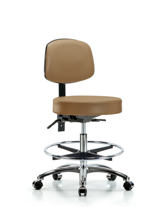 Blue Ridge Ergonomics VMBST-CR-T1-CF-CC-8584 Rutledge Vinyl Stool with Back Chrome - Medium Bench Height with Seat Tilt, Chrome Foot Ring, & Casters in Taupe Trailblazer™ Vinyl
