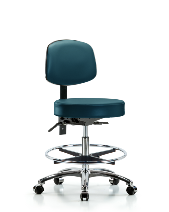 Blue Ridge Ergonomics VMBST-CR-T1-CF-CC-8801 Rutledge Vinyl Stool with Back Chrome - Medium Bench Height with Seat Tilt, Chrome Foot Ring, & Casters in Marine Blue Supernova™ Vinyl