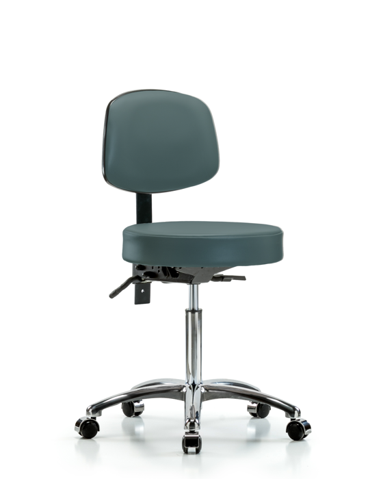 Blue Ridge Ergonomics VMBST-CR-T1-NF-CC-8546 Rutledge Vinyl Stool with Back Chrome - Medium Bench Height with Seat Tilt & Casters in Colonial Blue Trailblazer™ Vinyl