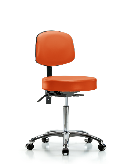 Blue Ridge Ergonomics VMBST-CR-T1-NF-CC-8613 Rutledge Vinyl Stool with Back Chrome - Medium Bench Height with Seat Tilt & Casters in Orange Kist Trailblazer™ Vinyl