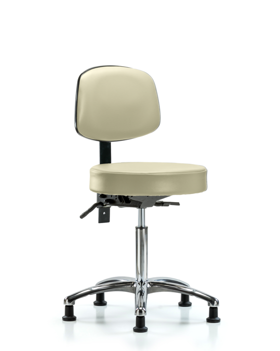 Blue Ridge Ergonomics VMBST-CR-T1-NF-RG-8501 Rutledge Vinyl Stool with Back Chrome - Medium Bench Height with Seat Tilt & Stationary Glides in Adobe White Trailblazer™ Vinyl
