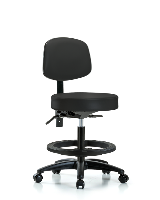 Blue Ridge Ergonomics VMBST-RG-T0-BF-RC-8540 Rutledge Vinyl Stool with Back - Medium Bench Height with Black Foot Ring & Casters in Black Trailblazer™ Vinyl