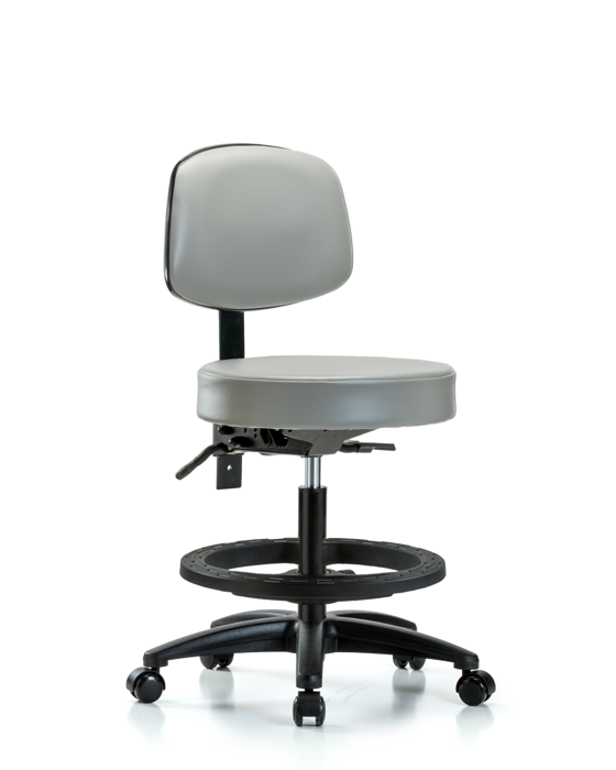Blue Ridge Ergonomics VMBST-RG-T0-BF-RC-8567 Rutledge Vinyl Stool with Back - Medium Bench Height with Black Foot Ring & Casters in Dove Trailblazer™ Vinyl