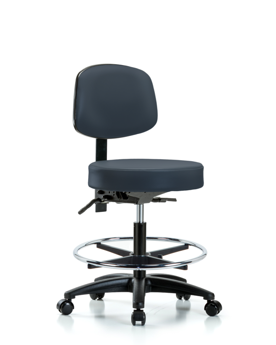 Blue Ridge Ergonomics VMBST-RG-T0-CF-RC-8582 Rutledge Vinyl Stool with Back - Medium Bench Height with Chrome Foot Ring & Casters in Imperial Blue Trailblazer™ Vinyl