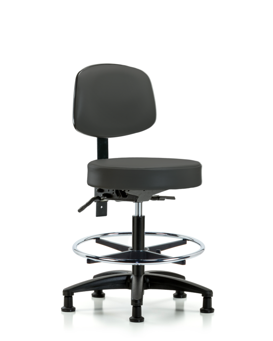 Blue Ridge Ergonomics VMBST-RG-T0-CF-RG-8605 Rutledge Vinyl Stool with Back - Medium Bench Height with Chrome Foot Ring & Stationary Glides in Charcoal Trailblazer™ Vinyl