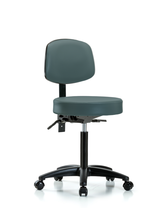 Blue Ridge Ergonomics VMBST-RG-T0-NF-RC-8546 Rutledge Vinyl Stool with Back - Medium Bench Height with Casters in Colonial Blue Trailblazer™ Vinyl