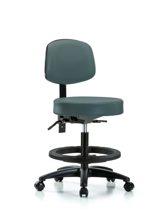 Blue Ridge Ergonomics VMBST-RG-T1-BF-RC-8546 Rutledge Vinyl Stool with Back - Medium Bench Height with Seat Tilt, Black Foot Ring, & Casters in Colonial Blue Trailblazer™ Vinyl