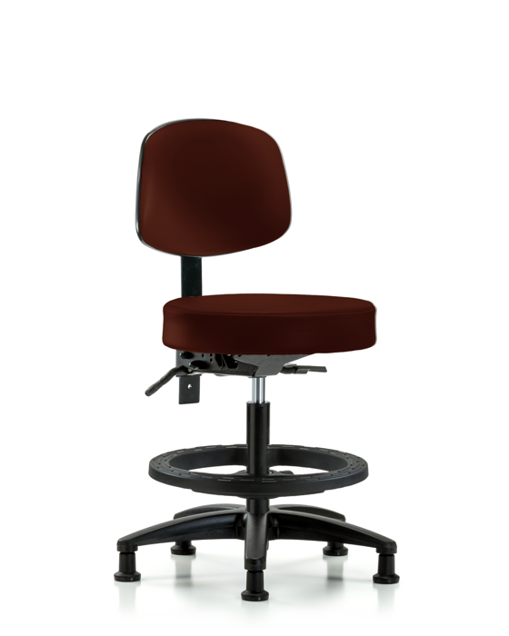 Blue Ridge Ergonomics VMBST-RG-T1-BF-RG-8569 Rutledge Vinyl Stool with Back - Medium Bench Height with Seat Tilt, Black Foot Ring, & Stationary Glides in Burgundy Trailblazer™ Vinyl