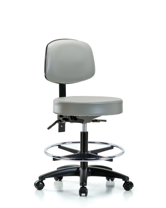 Blue Ridge Ergonomics VMBST-RG-T1-CF-RC-8567 Rutledge Vinyl Stool with Back - Medium Bench Height with Seat Tilt, Chrome Foot Ring, & Casters in Dove Trailblazer™ Vinyl