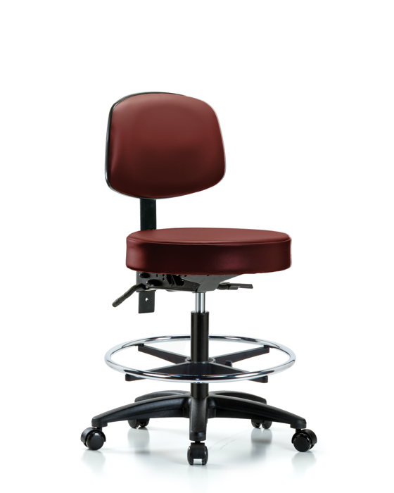 Blue Ridge Ergonomics VMBST-RG-T1-CF-RC-8815 Rutledge Vinyl Stool with Back - Medium Bench Height with Seat Tilt, Chrome Foot Ring, & Casters in Borscht Supernova™ Vinyl