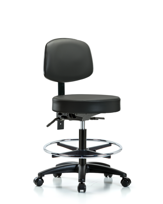 Blue Ridge Ergonomics VMBST-RG-T1-CF-RC-8823 Rutledge Vinyl Stool with Back - Medium Bench Height with Seat Tilt, Chrome Foot Ring, & Casters in Carbon Supernova™ Vinyl