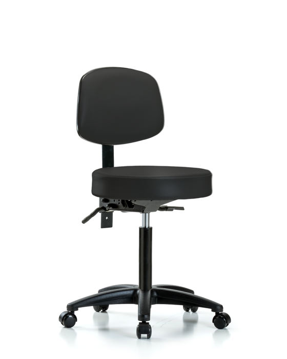 Blue Ridge Ergonomics VMBST-RG-T1-NF-RC-8540 Rutledge Vinyl Stool with Back - Medium Bench Height with Seat Tilt & Casters in Black Trailblazer™ Vinyl