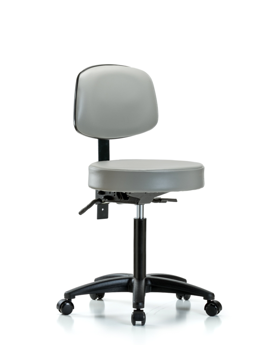 Blue Ridge Ergonomics VMBST-RG-T1-NF-RC-8567 Rutledge Vinyl Stool with Back - Medium Bench Height with Seat Tilt & Casters in Dove Trailblazer™ Vinyl