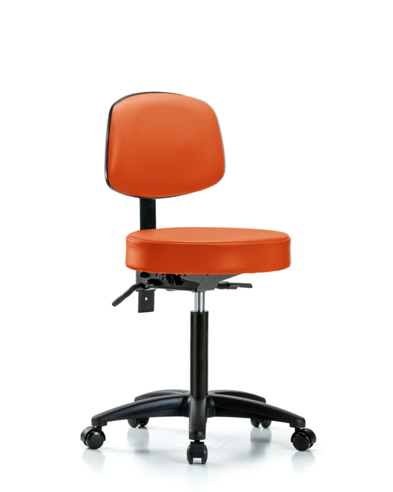 Blue Ridge Ergonomics VMBST-RG-T1-NF-RC-8613 Rutledge Vinyl Stool with Back - Medium Bench Height with Seat Tilt & Casters in Orange Kist Trailblazer™ Vinyl