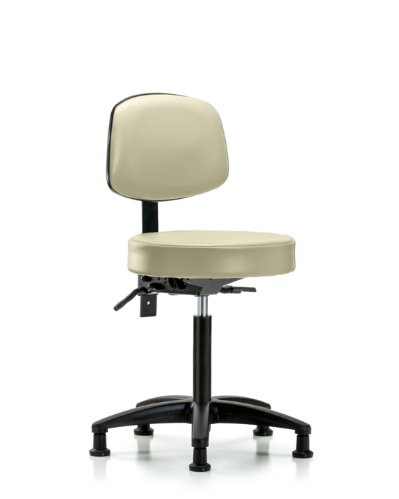 Blue Ridge Ergonomics VMBST-RG-T1-NF-RG-8501 Rutledge Vinyl Stool with Back - Medium Bench Height with Seat Tilt & Stationary Glides in Adobe White Trailblazer™ Vinyl