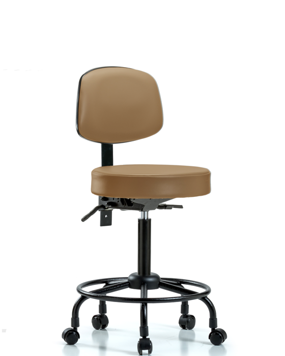 Blue Ridge Ergonomics VMBST-RT-T0-RC-8584 Rutledge Vinyl Stool with Back - Medium Bench Height with Round Tube Base & Casters in Taupe Trailblazer™ Vinyl