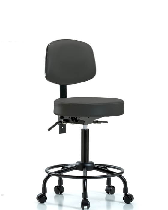 Blue Ridge Ergonomics VMBST-RT-T0-RC-8605 Rutledge Vinyl Stool with Back - Medium Bench Height with Round Tube Base & Casters in Charcoal Trailblazer™ Vinyl