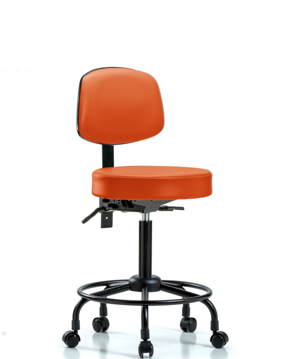 Blue Ridge Ergonomics VMBST-RT-T0-RC-8613 Rutledge Vinyl Stool with Back - Medium Bench Height with Round Tube Base & Casters in Orange Kist Trailblazer™ Vinyl