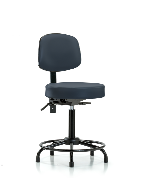 Blue Ridge Ergonomics VMBST-RT-T0-RG-8582 Rutledge Vinyl Stool with Back - Medium Bench Height with Round Tube Base & Stationary Glides in Imperial Blue Trailblazer™ Vinyl
