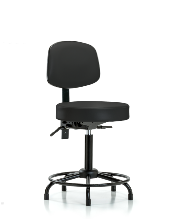 Blue Ridge Ergonomics VMBST-RT-T1-RG-8540 Rutledge Vinyl Stool with Back - Medium Bench Height with Round Tube Base, Seat Tilt, & Stationary Glides in Black Trailblazer™ Vinyl