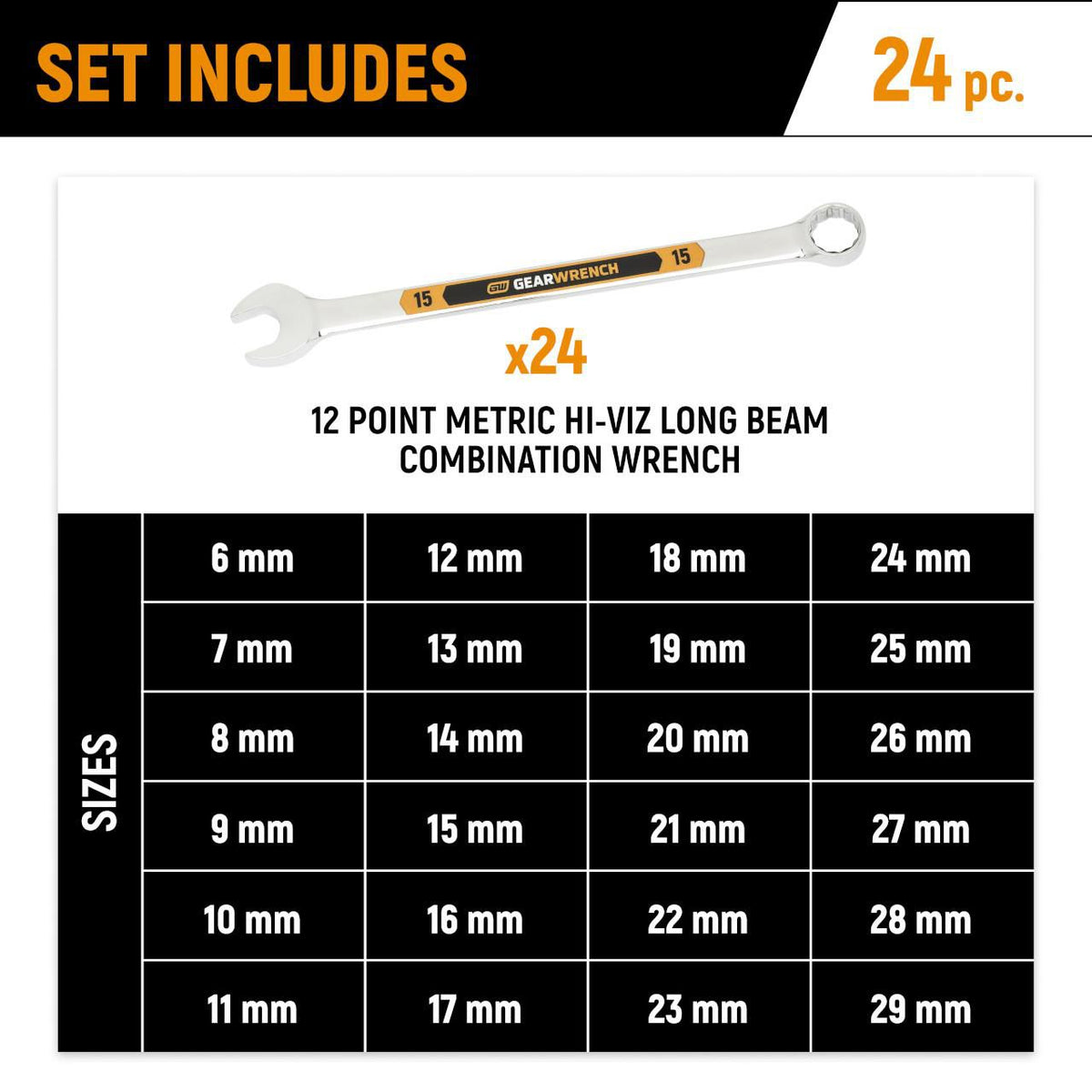 Gearwrench GWMSSWHMM 24 Piece 12 Point Metric Hi-Viz Long Pattern Combination Wrench Set in Foam Storage Tray