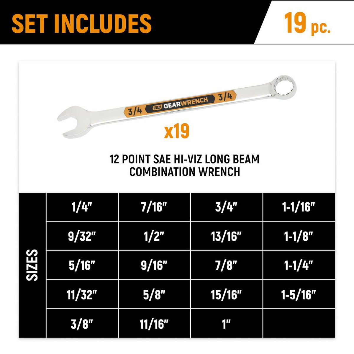 Gearwrench GWMSSWHSAE 19 Piece 12 Point SAE Hi-Viz Long Pattern Combination Wrench Set in Foam Storage Tray