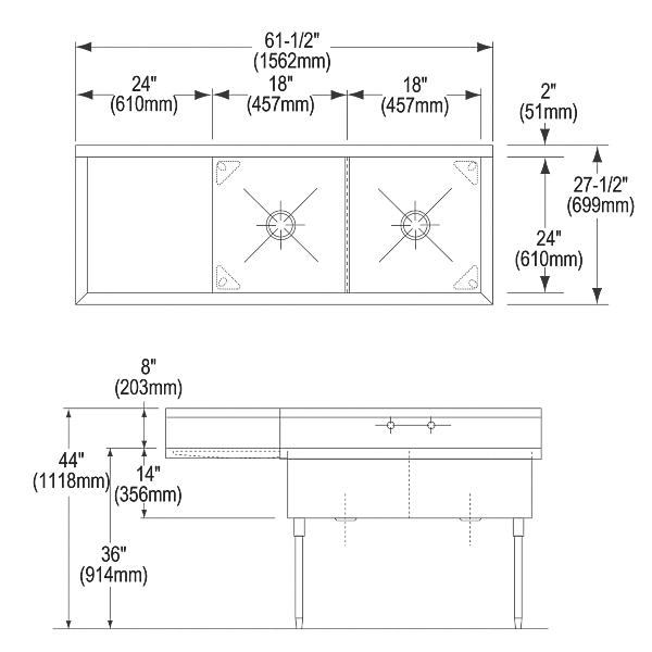 Elkay WNSF8236L2 Weldbilt® Stainless Steel 61-1/2" x 27-1/2" x 14" Floor Mount Double Compartment Scullery Sink with Drainboard