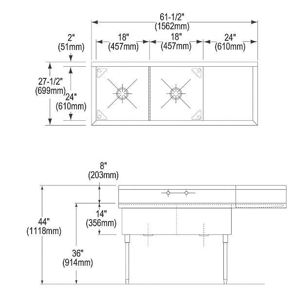 Elkay WNSF8236R2 Weldbilt® Stainless Steel 61-1/2" x 27-1/2" x 14" Floor Mount Double Compartment Scullery Sink with Drainboard