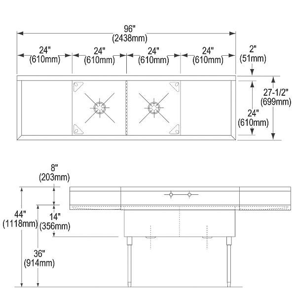 Elkay WNSF8248LR2 Weldbilt® Stainless Steel 96" x 27-1/2" x 14" Floor Mount Double Compartment Scullery Sink with Drainboard