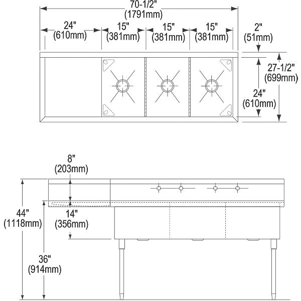 Elkay WNSF8345L4 Weldbilt® Stainless Steel 70-1/2" x 27-1/2" x 14" Floor Mount Triple Compartment Scullery Sink with Drainboard