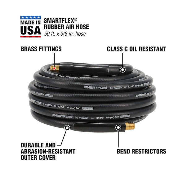 SmartFlex HSFR3850BK2 Air Hose, 3/8" x 50', 1/4" MNPT Fittings, Black, Rubber