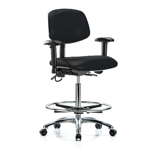 Blue Ridge Ergonomics ESD-VHBCH-CR-T0-A1-CF-EC-ESDBLK Vinyl ESD Chair - High Bench Height with Adjustable Arms, Chrome Foot Ring, & ESD Casters in ESD Black Vinyl