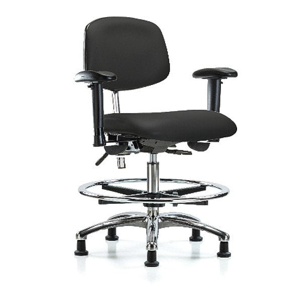 Blue Ridge Ergonomics NCR-VMBCH-CR-T0-A1-CF-RG-8540 Class 100 Vinyl Clean Room Chair - Medium Bench Height with Adjustable Arms, Chrome Foot Ring, & Stationary Glides in Black Trailblazer™ Vinyl