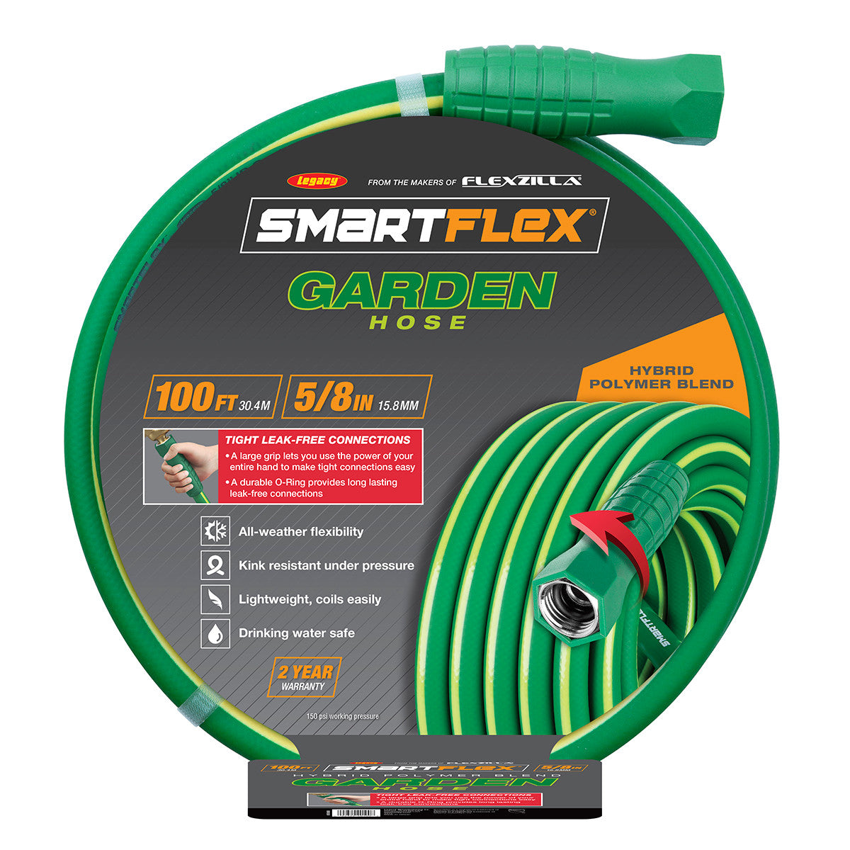 SmartFlex HSFG5100GR Garden Hose, 5/8" x 100', 3/4" - 11 1/2 GHT Fittings