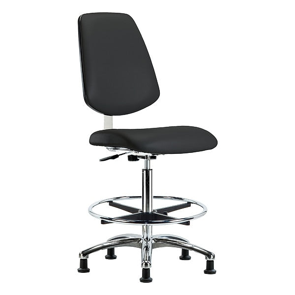 Blue Ridge Ergonomics CLR-VHBCH-MB-CR-CF-RG-8540 Class 10 Clean Room Vinyl Chair Chrome - High Bench Height with Medium Back, Chrome Foot Ring, & Stationary Glides in Black Trailblazer™ Vinyl