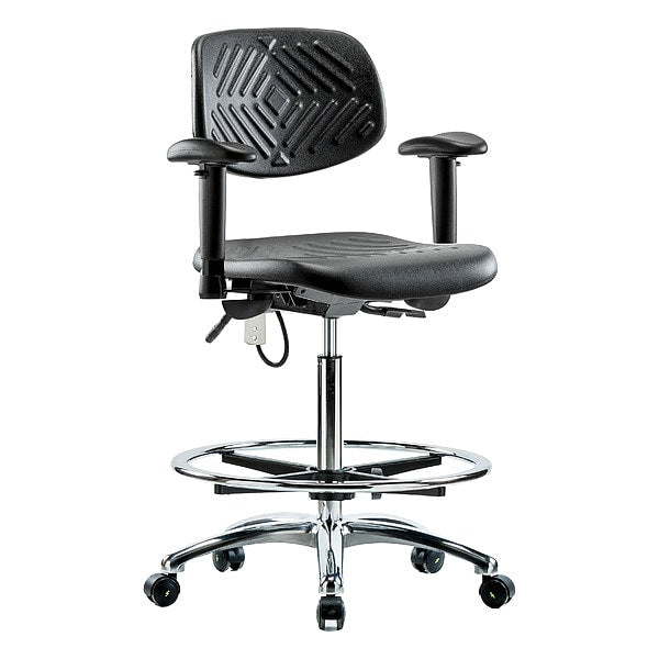 Blue Ridge Ergonomics ESD-PHBCH-CR-T0-A1-CF-EC Polyurethane ESD Chair - High Bench Height with Chrome Foot Ring, Adjustable Arms, & ESD Casters