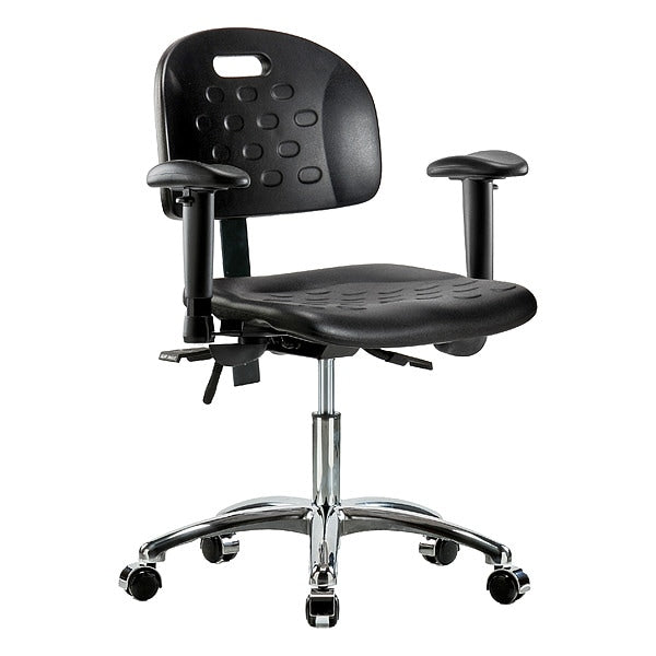 Blue Ridge Ergonomics HPDHCH-CR-T0-A1-CC-BLK Newport Industrial Polyurethane Chair Chrome - Desk Height with Adjustable Arms & Casters in Black Polyurethane